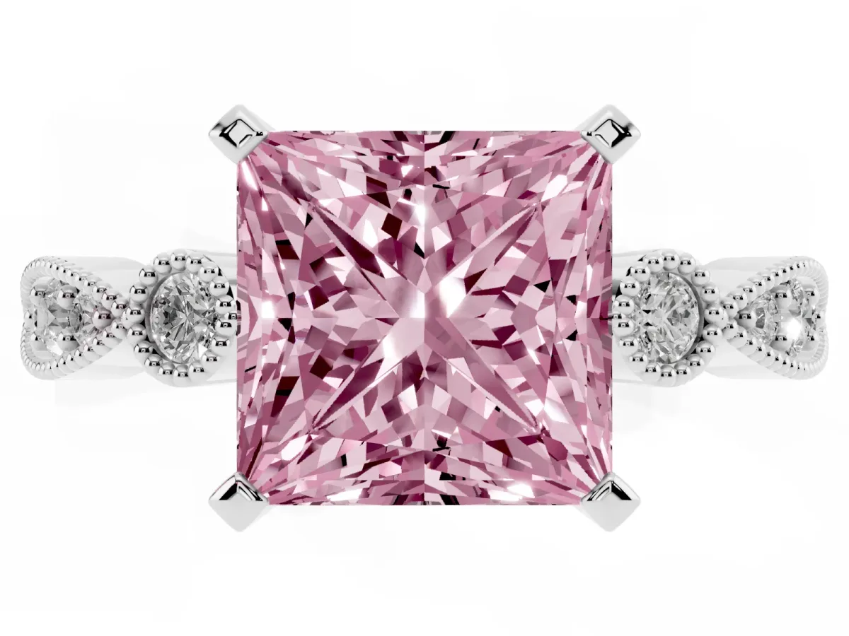 Fancy Pink Princess Cut Milgrain Bezel Diamond Engagement Ring with Solitaire Prong Setting Silver