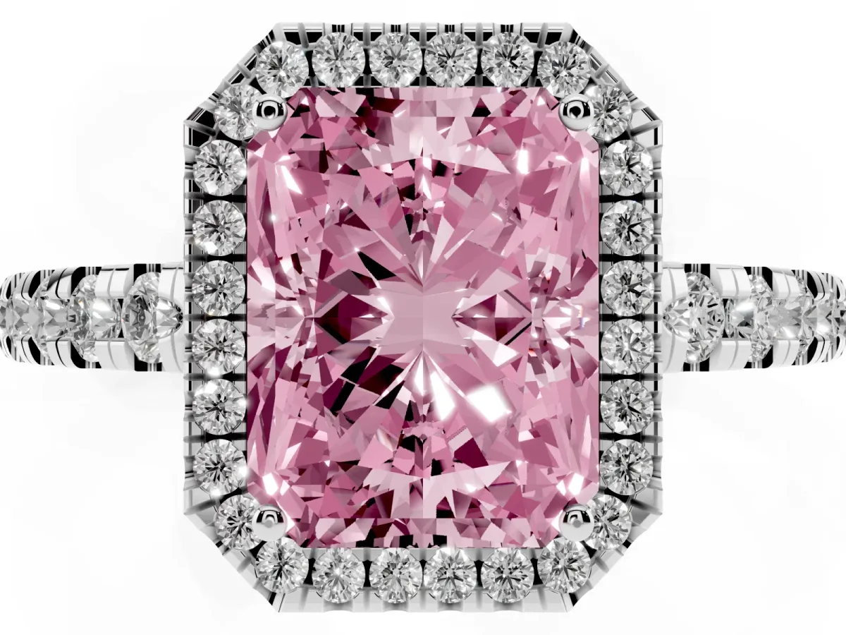 Fancy Pink Radiant Cut Diamond Halo Ring with Pavé Band and Four-Prong Setting White gold