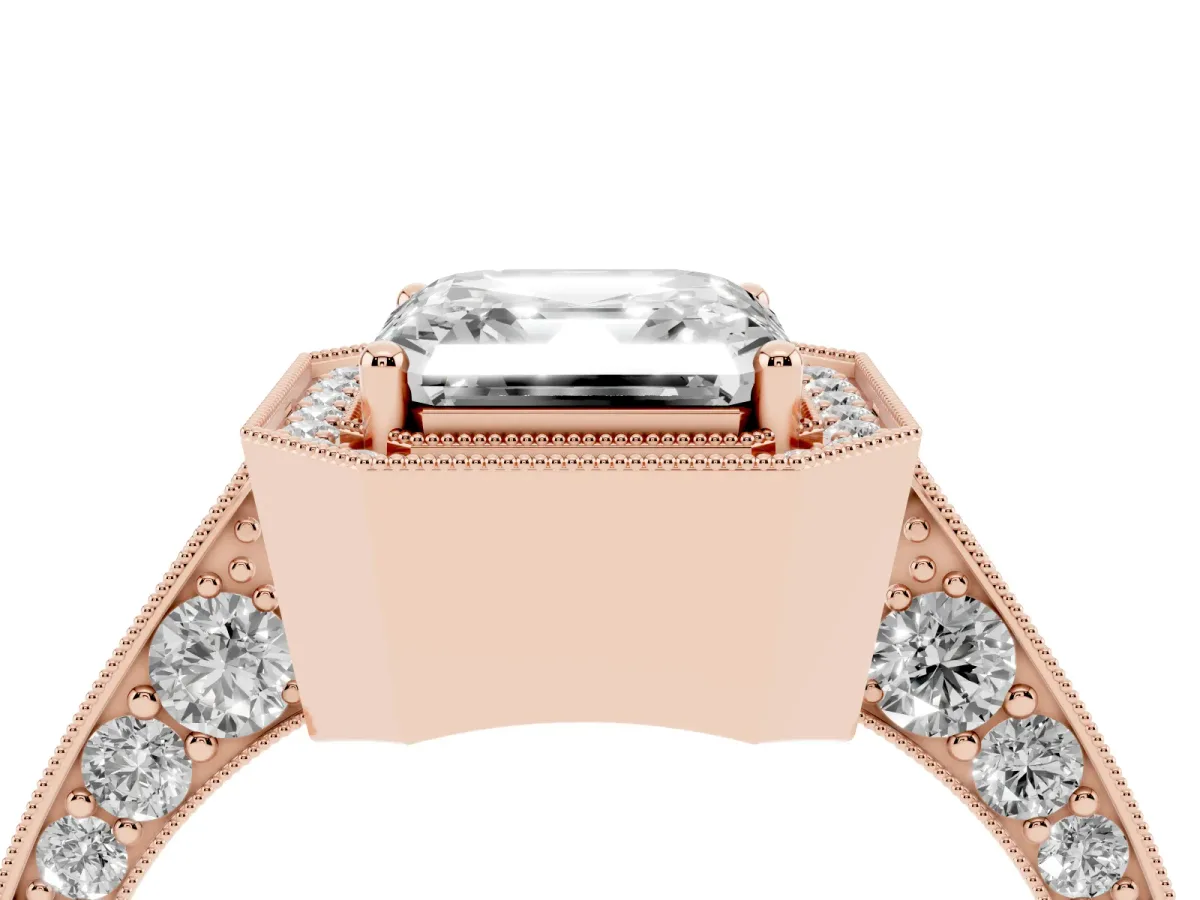 Asscher Cut Halo Diamond Engagement Ring with Split Shank Band and Four-Prong Setting Rose gold