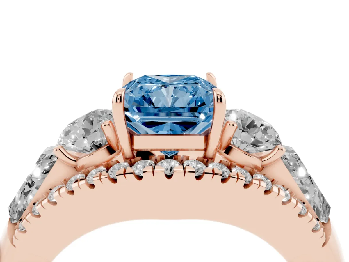 Fancy Blue Three-Stone Radiant Cut Diamond Engagement Ring with Pave Band and Prong Setting Rose gold