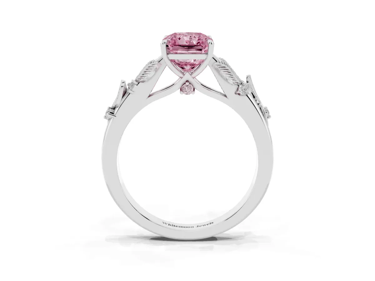 Fancy Pink Radiant Cut Diamond Solitaire Ring with Leaf Motif Band and Four-Prong Setting Silver