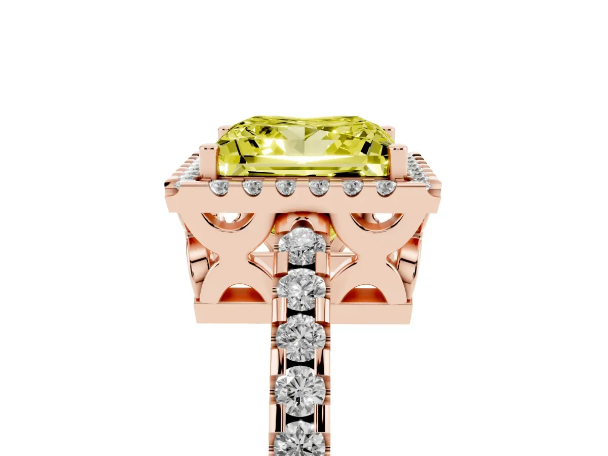Fancy Yellow Princess Cut Diamond Halo Engagement Ring with Pavé Band and Prong Setting Rose gold