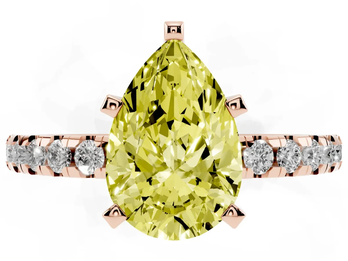 Fancy Yellow Pear Cut Diamond Solitaire Ring with Round Pavé Band and Four-Prong Setting Rose gold