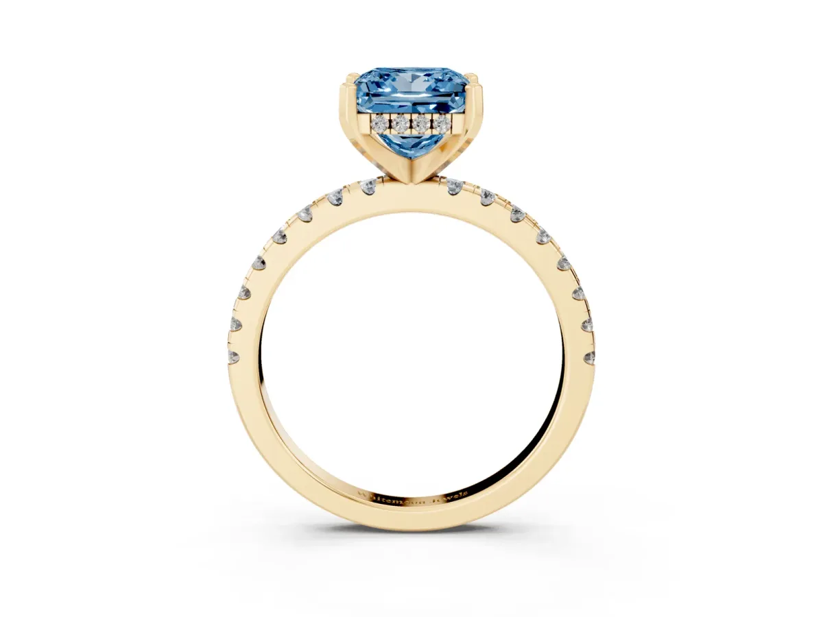Fancy Blue Princess Cut Diamond Solitaire Ring with Round Pavé Band and Four-Prong Setting Yellow gold