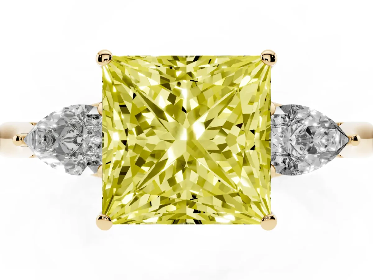 Fancy Yellow Princess Cut Diamond Three-Stone Ring with Pear Side Stones and Prong Setting Yellow gold