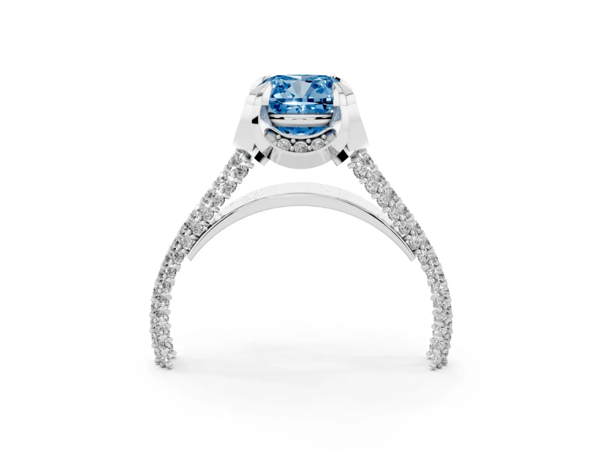 Fancy Blue Cushion Cut Solitaire Pave Split Shank Ring with Four-Prong Setting White gold