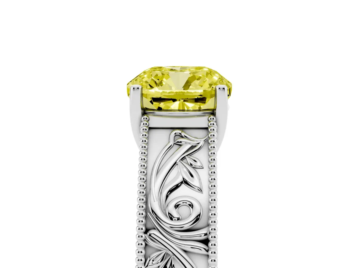Fancy Yellow Cushion Cut Diamond Solitaire Ring with Engraved Band and Four-Prong Setting Silver