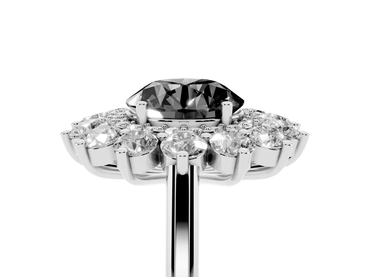 Fancy Black Round Cut Diamond Floral Double Halo Engagement Ring with Prong Setting Platinum