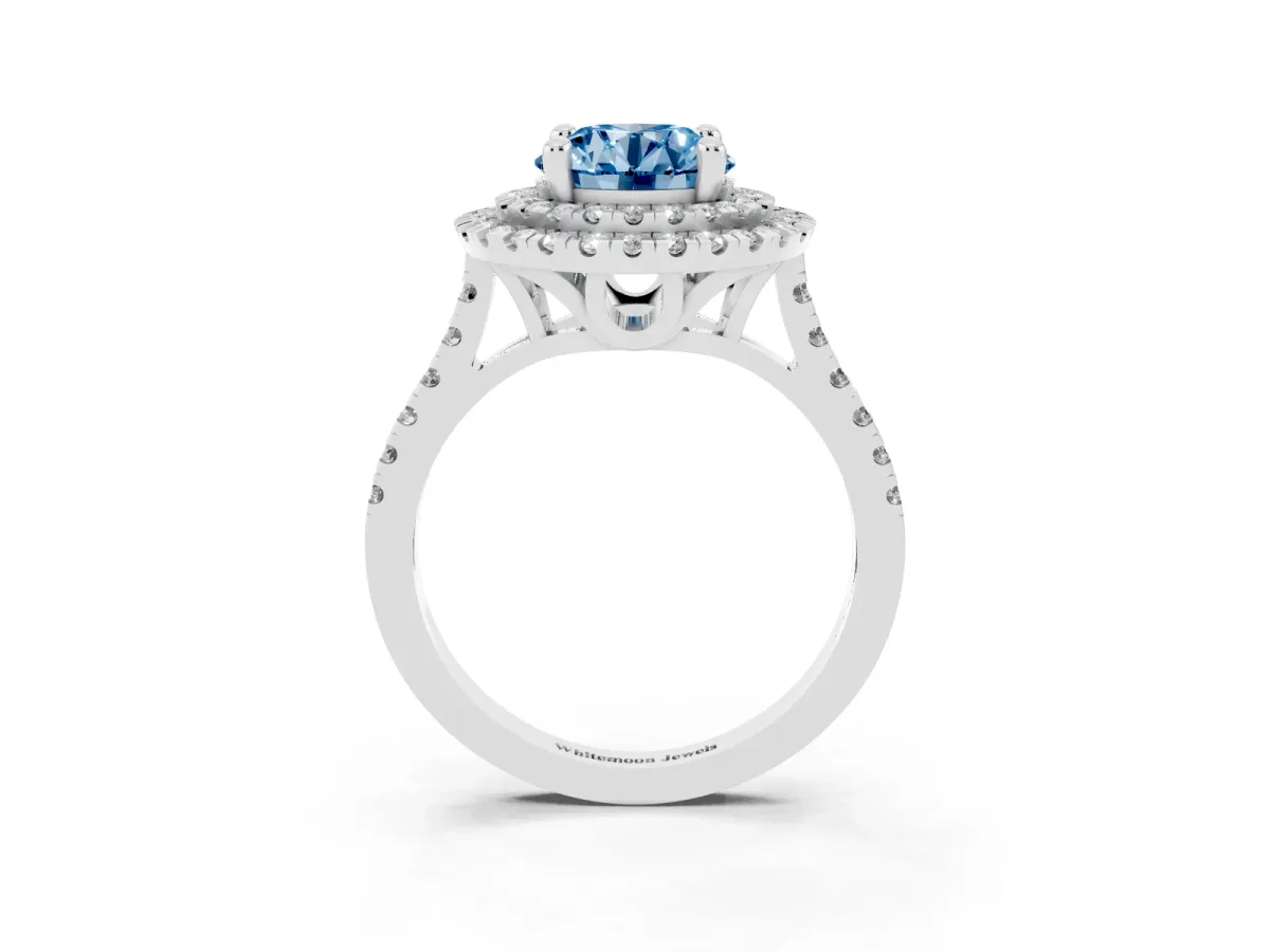 Fancy Blue Double Halo Round Cut Diamond Pavé Band with Four-Prong Setting Silver