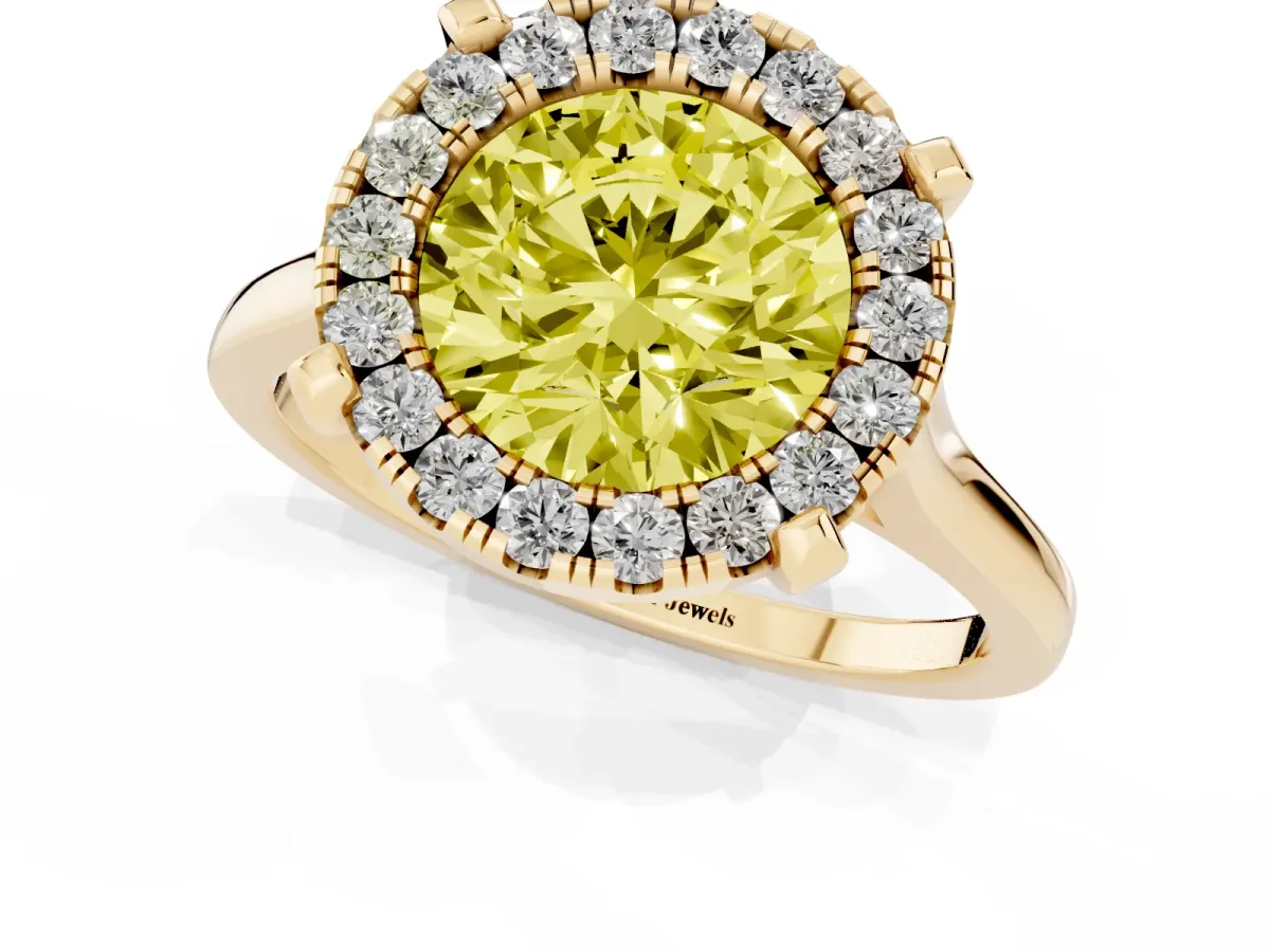 Fancy Yellow Round Cut Diamond Cluster Halo Solitaire with Four-Prong Setting Yellow gold
