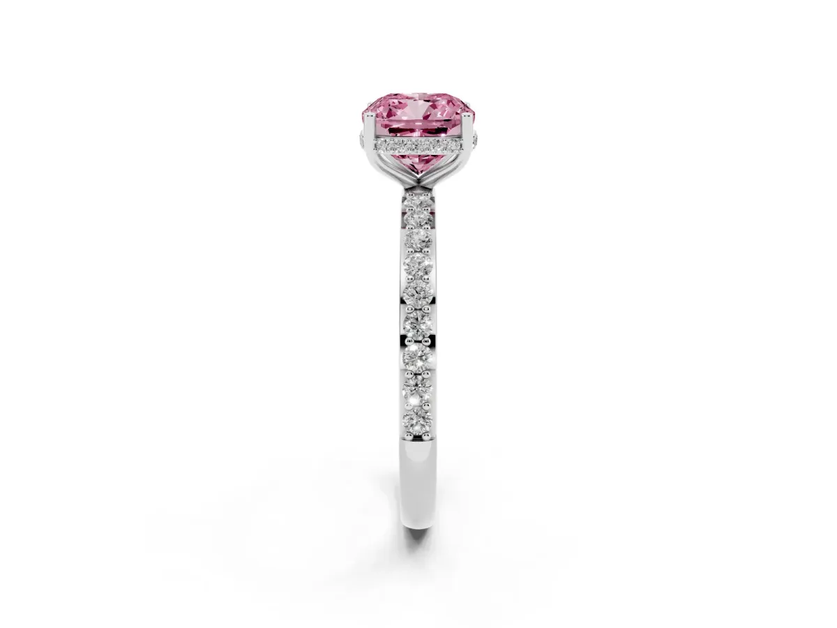 Fancy Pink Cushion Cut Diamond Solitaire Ring with Pavé Band and Hidden Halo White gold