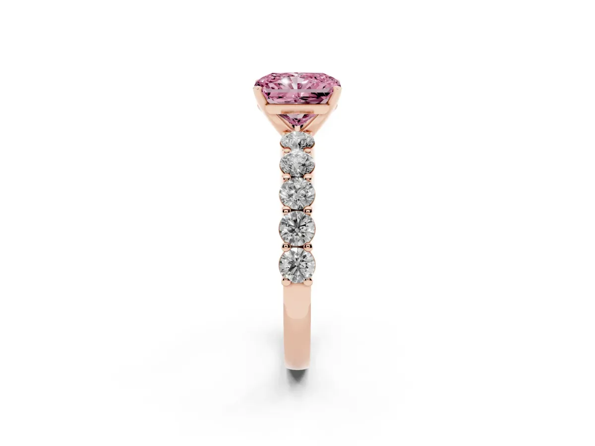 Fancy Pink Radiant Cut Diamond Solitaire Ring with Shared Prong Round Side Stones Rose gold