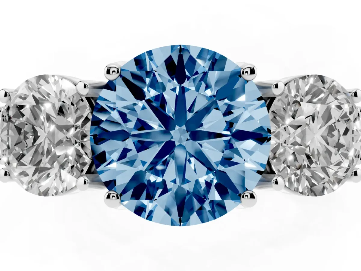 Fancy Blue Three-Stone Round Cut Cut Milgrain Pavé Engagement Ring Platinum