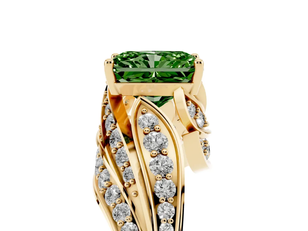 Fancy Green Radiant Cut Diamond Solitaire Ring with Prong Setting and Twisted Pavé Band Yellow gold