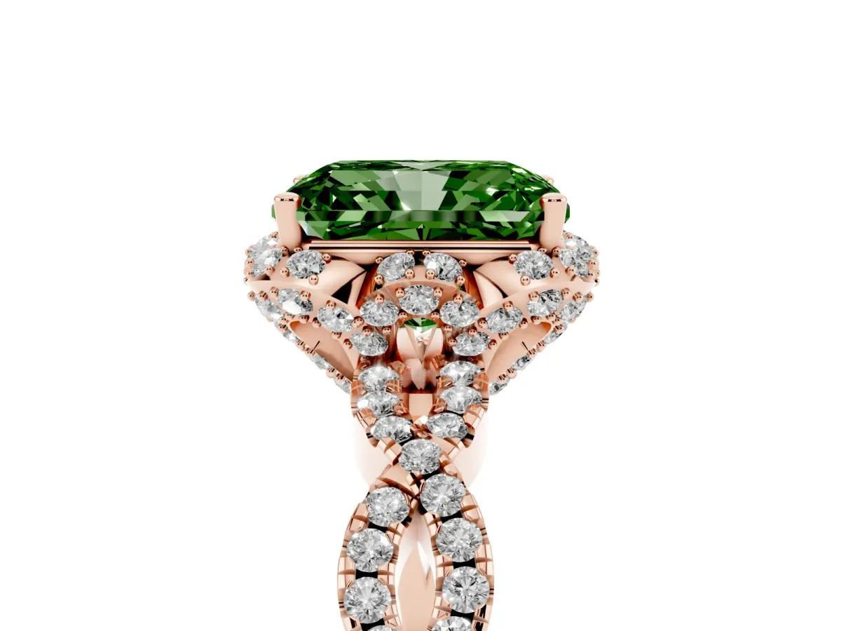 Fancy Green Radiant Cut Halo Twist Band Solitaire Ring with Six-Prong Setting Rose gold
