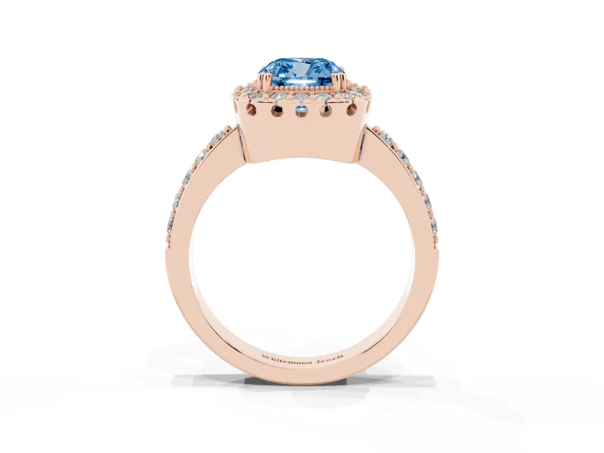 Fancy Blue Cushion Cut Diamond Halo Ring with Pavé Band and Prong Setting Rose gold