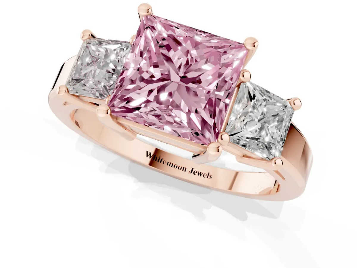 Fancy Pink Three-Stone Princess Cut Cut Solitaire Ring with Prong Setting Rose gold