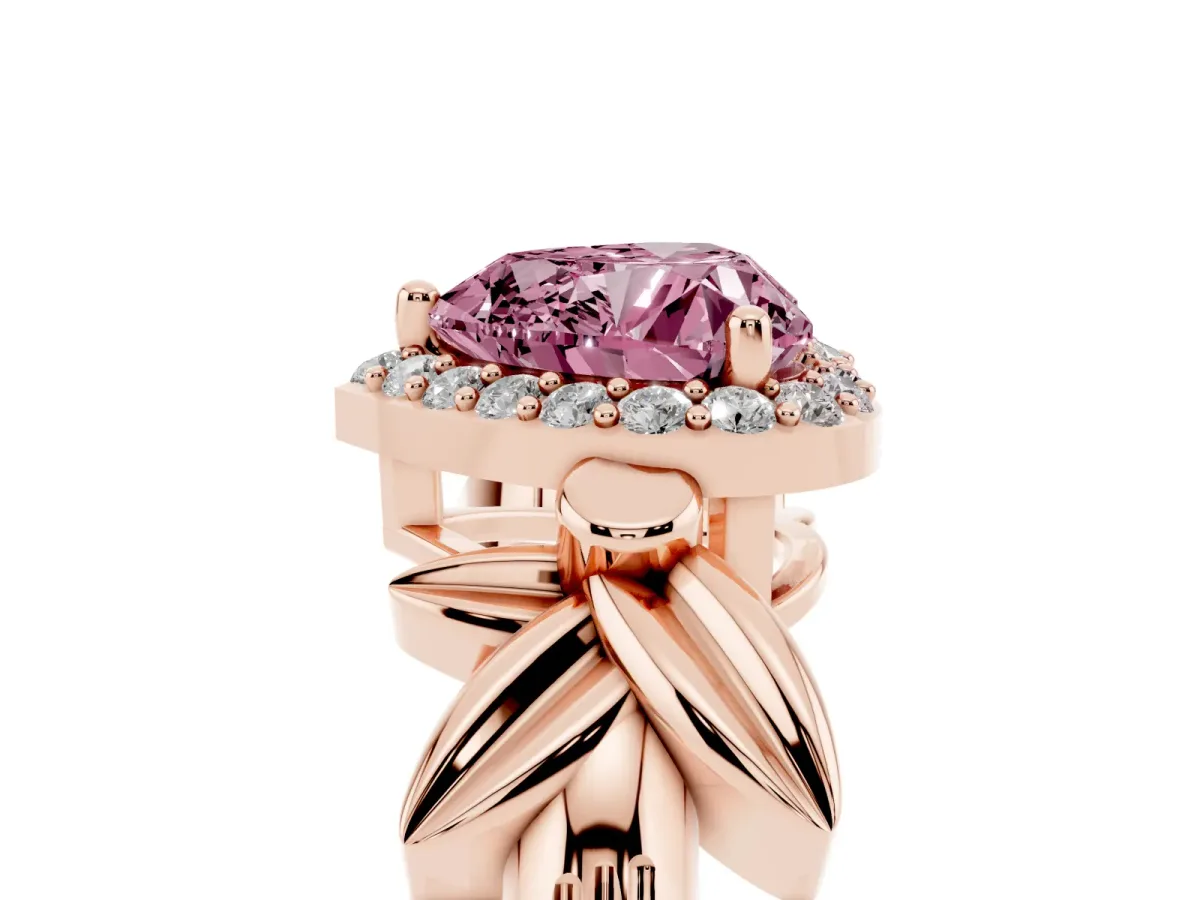 Fancy Pink Heart Cut Halo Diamond Floral Band with Four-Prong Setting Rose gold