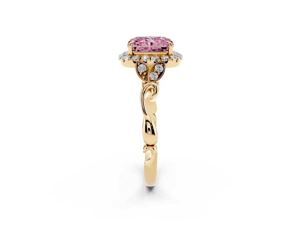 Fancy Pink Radiant Cut Halo Diamond Engagement Ring with Vintage-Inspired Band and Four-Prong Setting Yellow gold