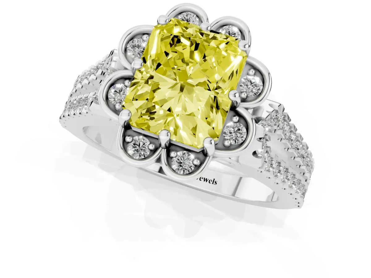 Fancy Yellow Radiant Cut Halo Diamond Floral Split Shank Engagement Ring Silver