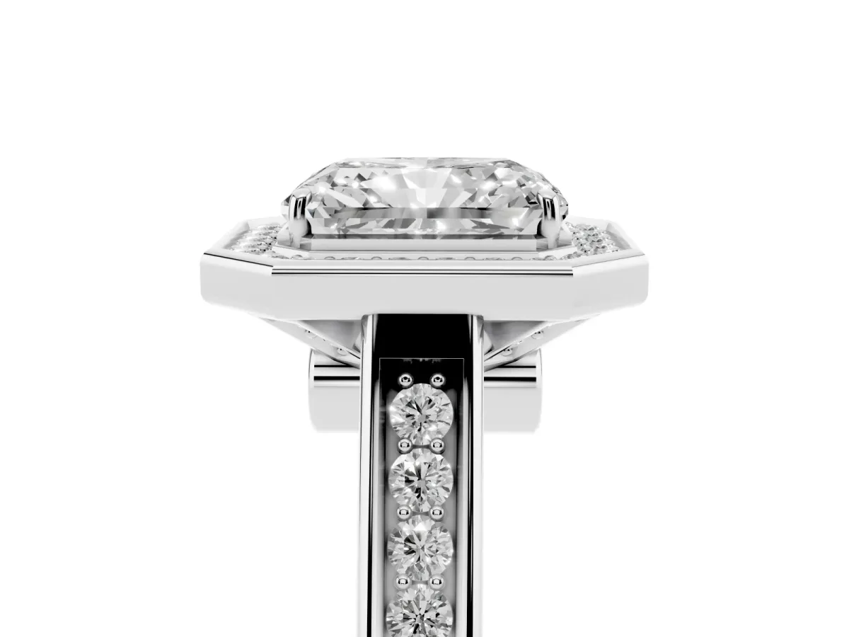Radiant Cut Halo Solitaire Diamond Ring with Pave Band and Bezel Setting Silver