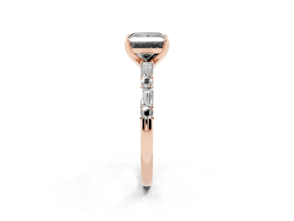Fancy Black Princess Cut Diamond Solitaire with Side Baguettes and Channel Set Band Rose gold