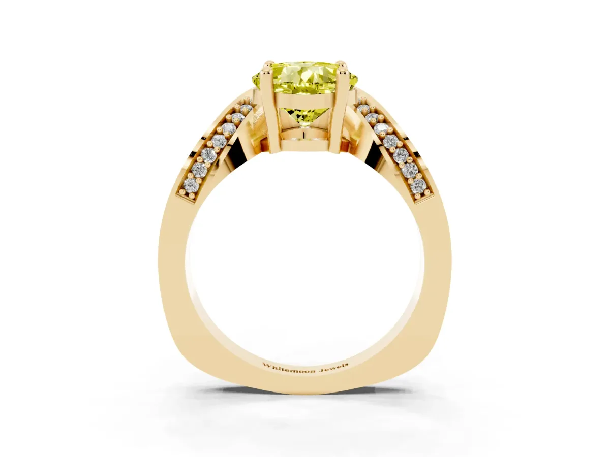 Fancy Yellow Cushion Cut Solitaire Diamond Engagement Ring with Pave Band and Four-Prong Setting Yellow gold