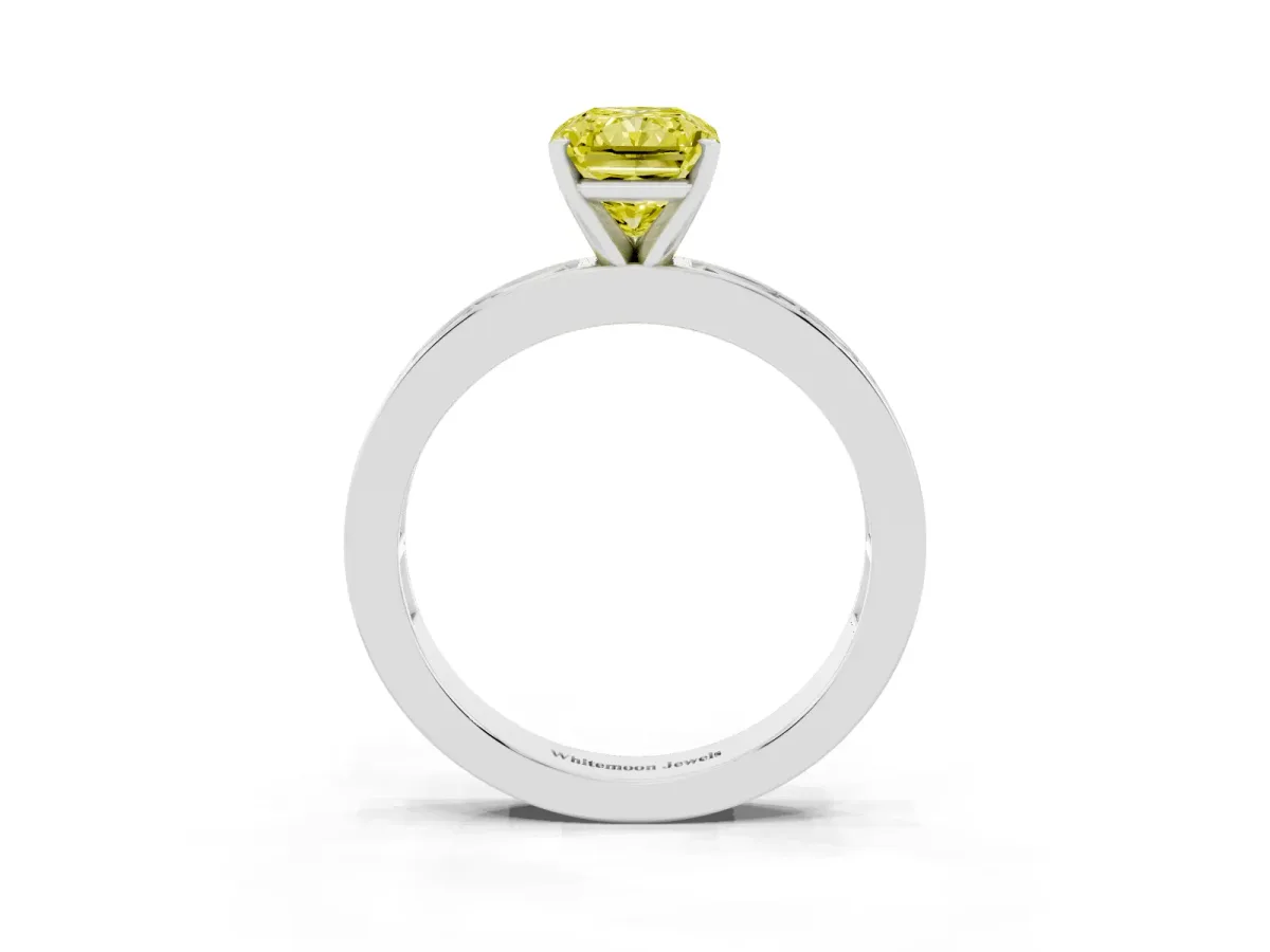 Fancy Yellow Radiant Cut Solitaire Diamond Ring with Channel-Set Baguette Band and Four-Prong Setting Platinum