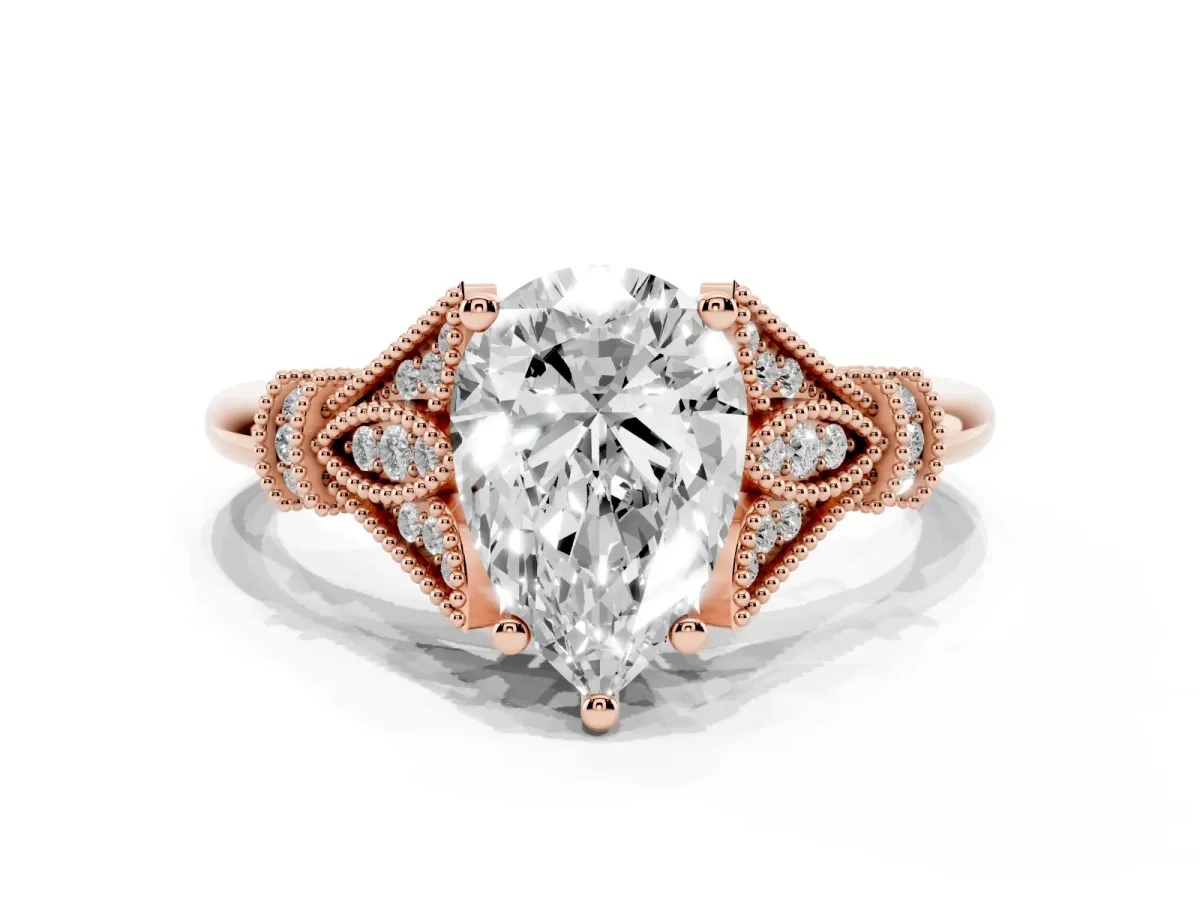 Pear Cut Diamond Solitaire Ring with Floral Filigree and Pave Accents Rose gold