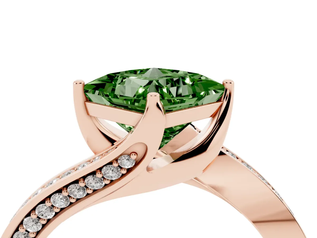Fancy Green Princess Cut Solitaire Diamond Twist Band with Pavé Setting and Four-Prong Setting Rose gold