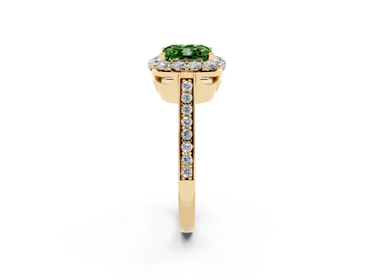 Fancy Green Princess Cut Diamond Floral Halo Ring with Pavé Band and Prong Setting Yellow gold