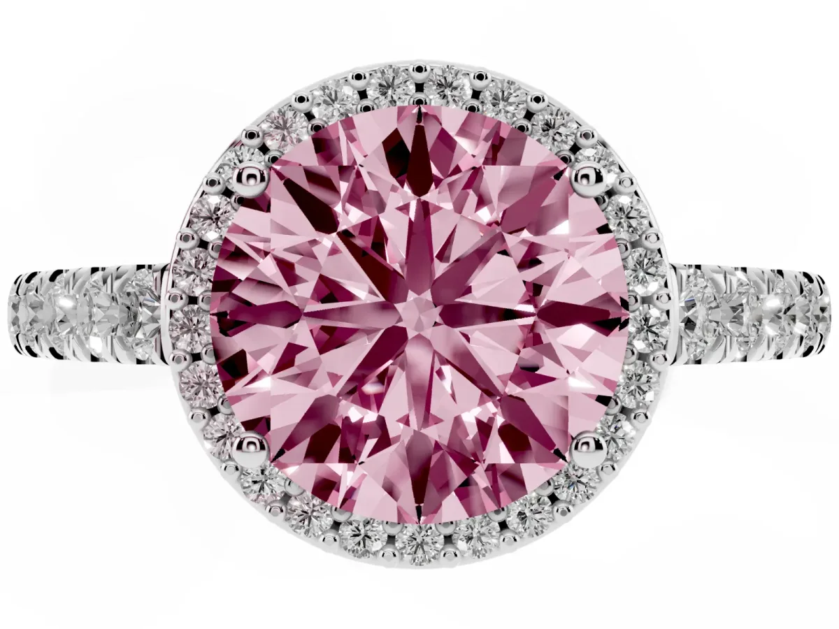 Fancy Pink Round Cut Cut Halo Diamond Engagement Ring with Pave Band and Four-Prong Setting Platinum