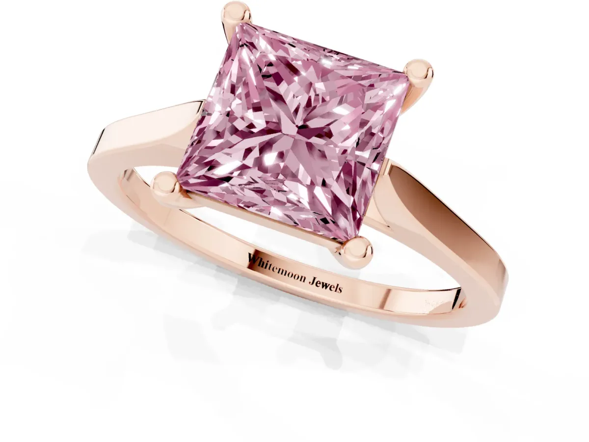 Fancy Pink Princess Cut Solitaire Diamond Ring with Four-Prong Setting and Tapered Band Rose gold