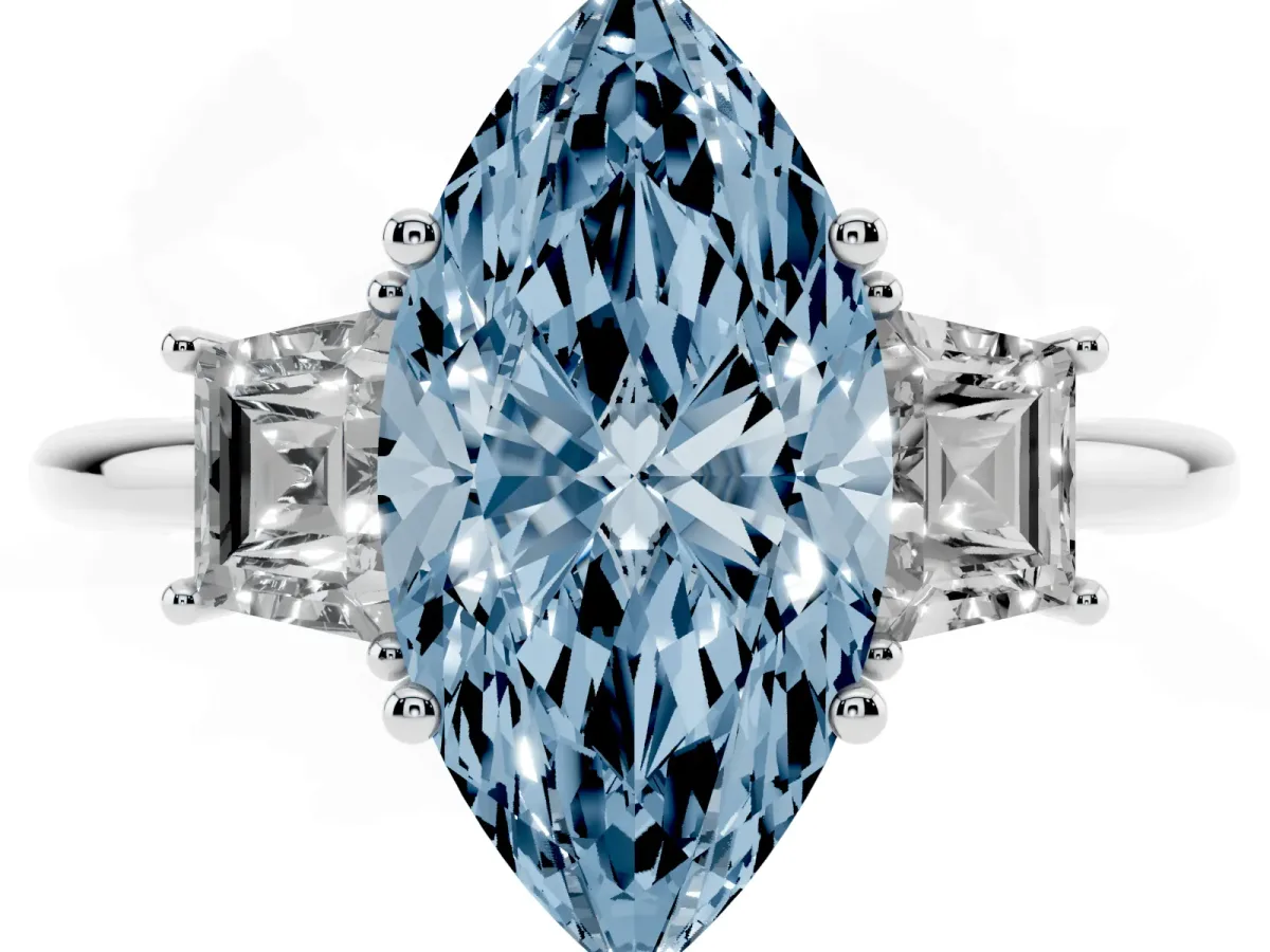 Fancy Blue Marquise Cut Diamond Three-Stone Ring with Trapezoid Side Stones and Prong Setting Silver