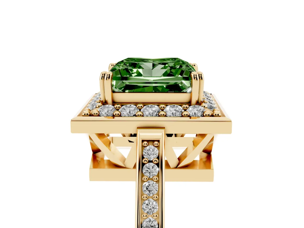 Fancy Green Princess Cut Diamond Halo Ring with Split Shank and Four-Prong Setting Yellow gold