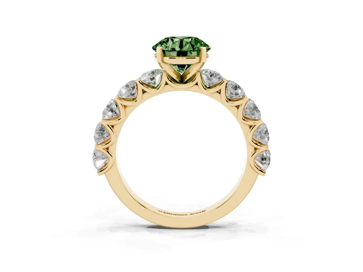 Fancy Green Round Cut Diamond Prong Setting with Side Stones on a Pave Band Yellow gold