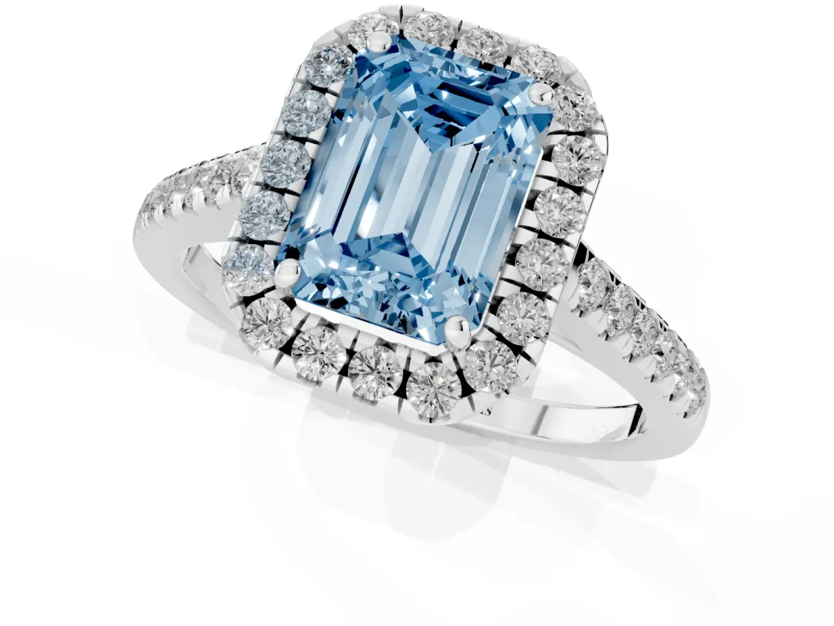 Fancy Blue Emerald Cut Halo Pave Diamond Engagement Ring with Four-Prong Setting Platinum