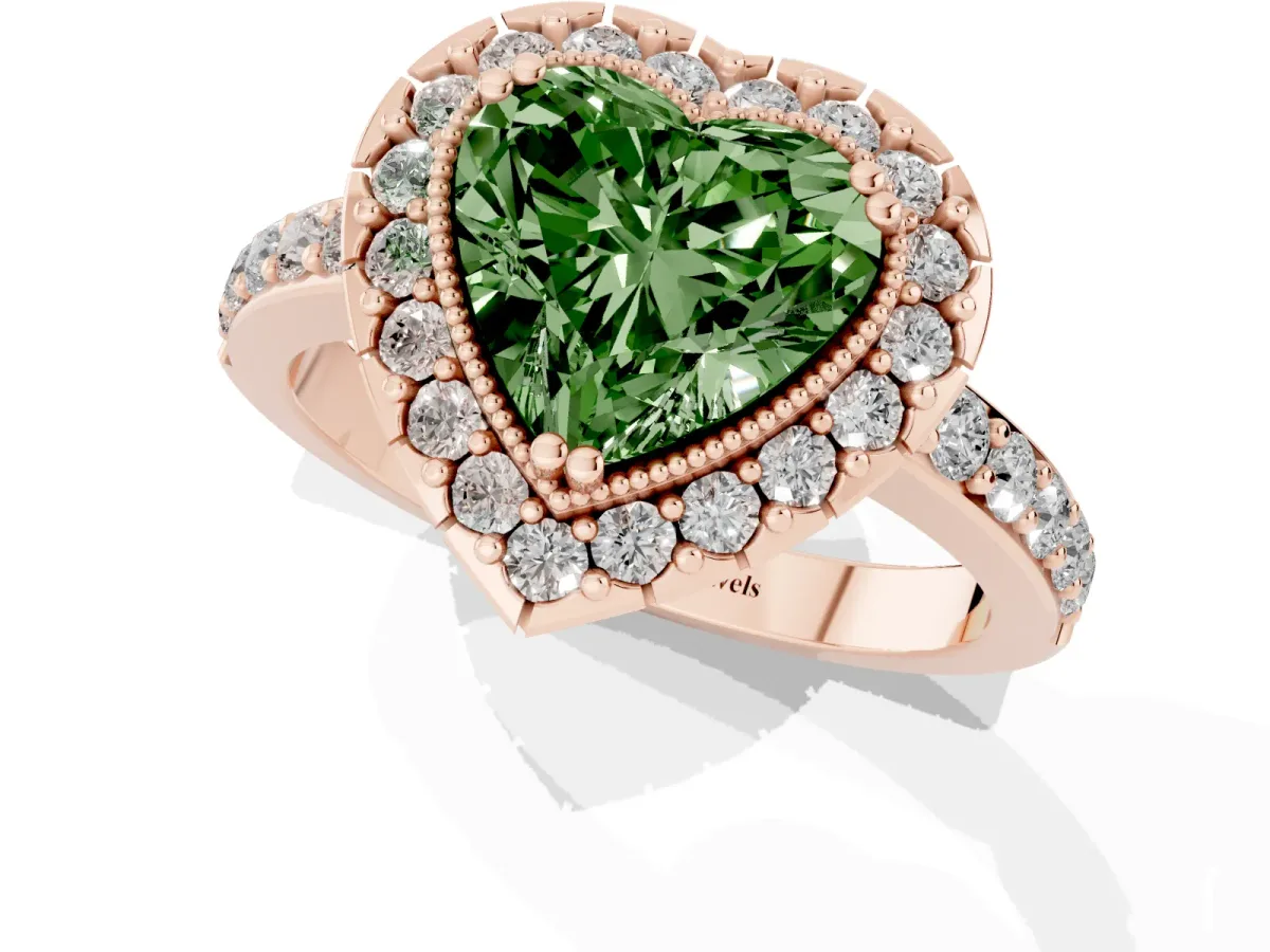Fancy Green Heart Cut Diamond Halo Ring with Pavé Band and Prong Setting Rose gold