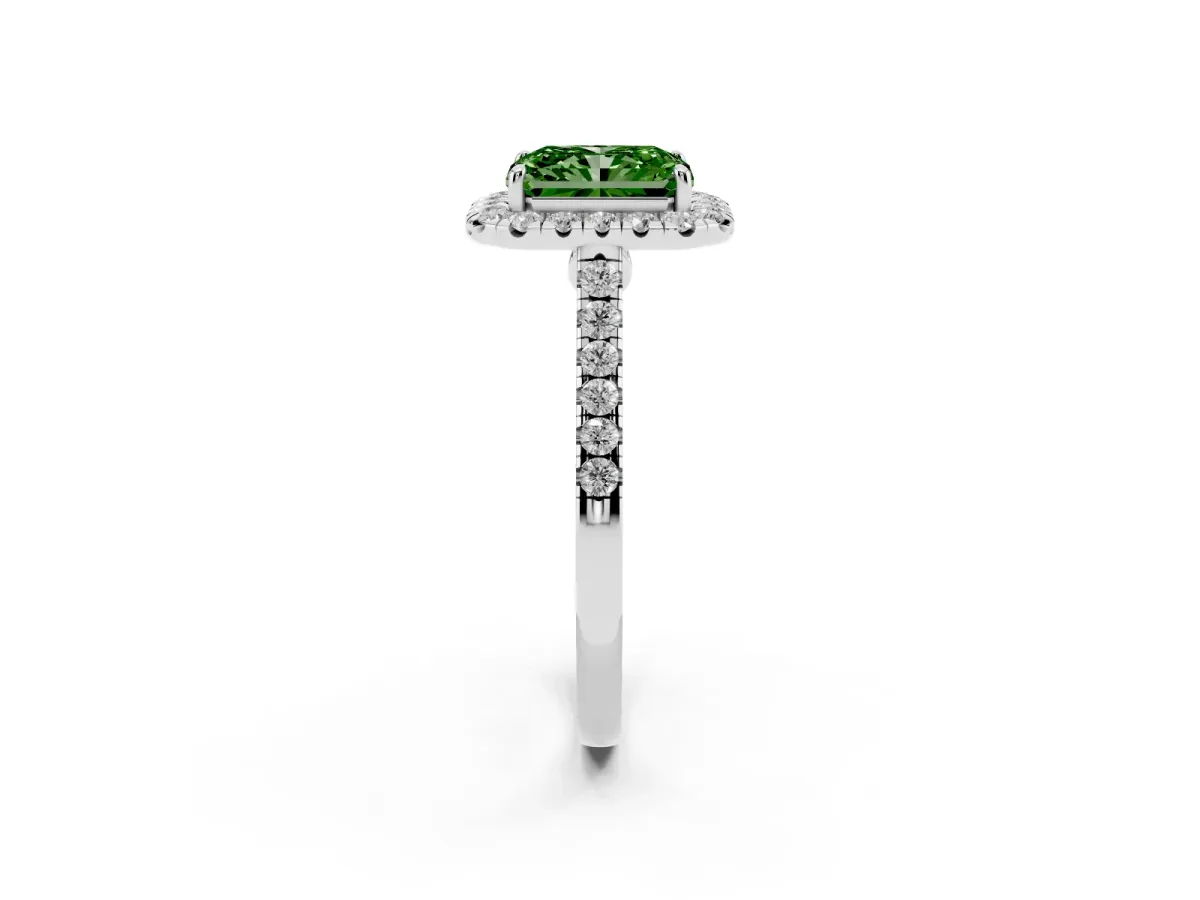 Fancy Green Radiant Cut Halo Pave Diamond Engagement Ring with Four-Prong Setting Silver