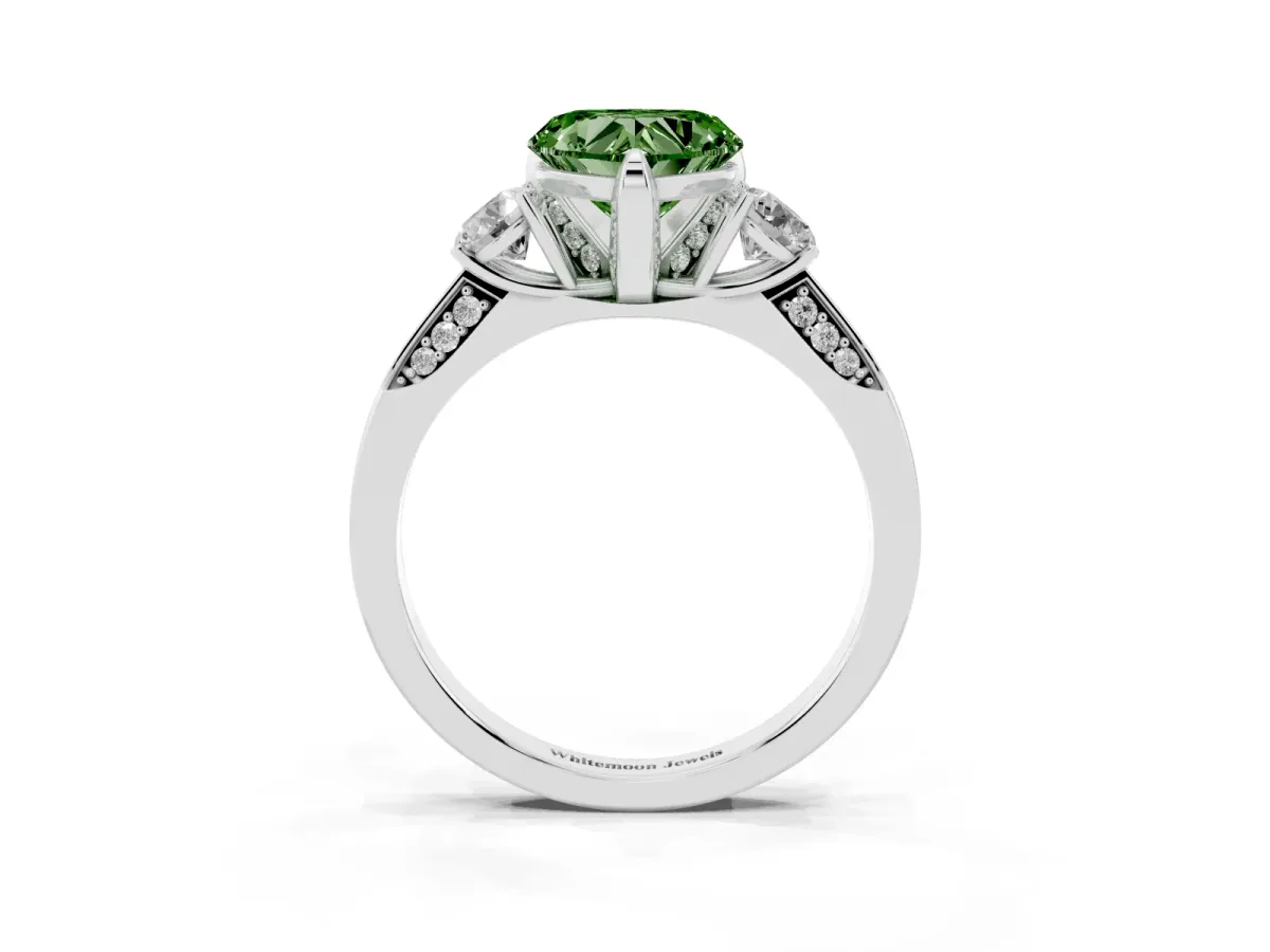 Fancy Green Heart Cut Brilliant Three-Stone Diamond Ring with Pavé Band and Four-Prong Setting Platinum