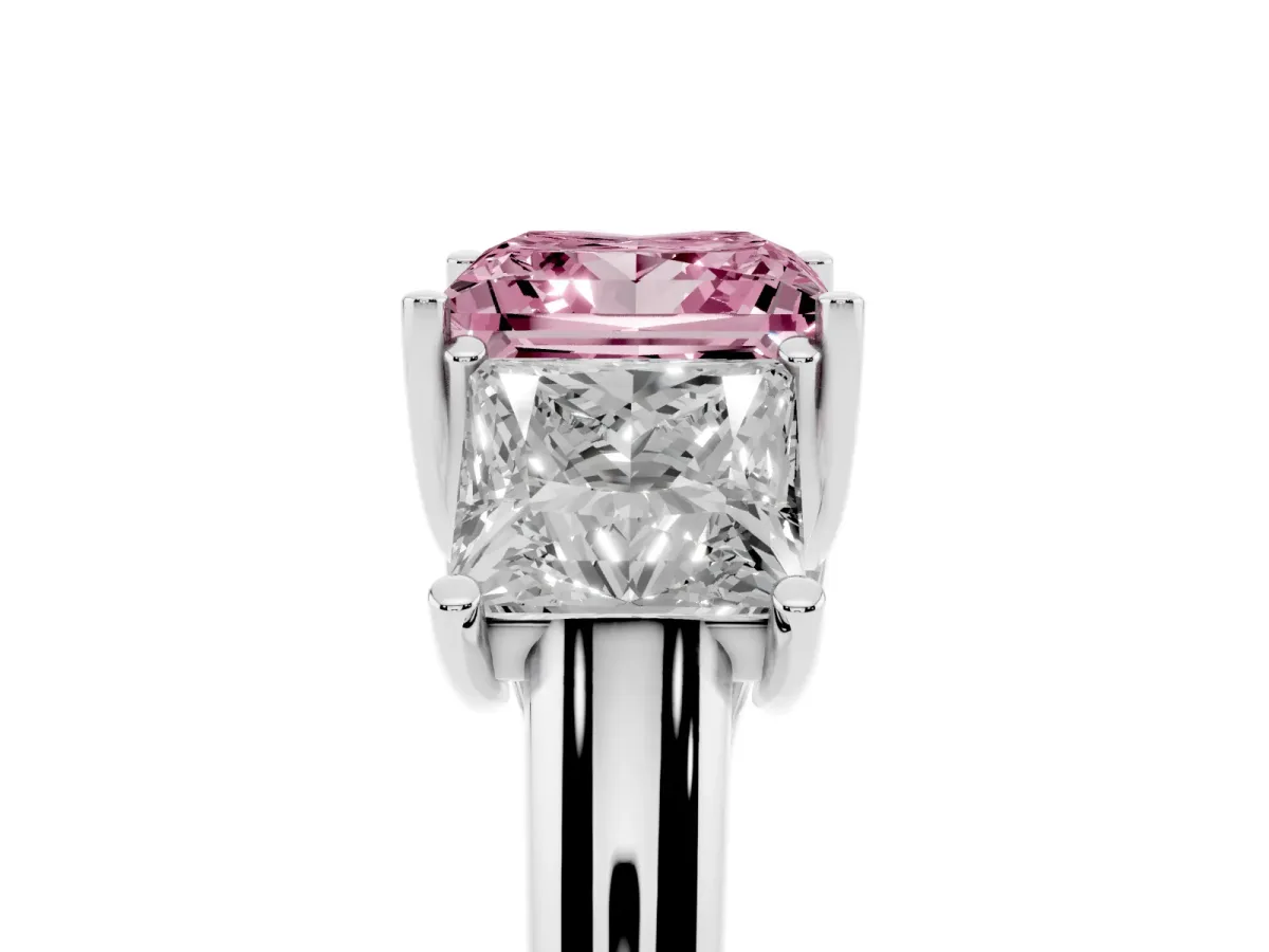 Fancy Pink Three-Stone Princess Cut Diamond Engagement Ring with Prong Setting White gold