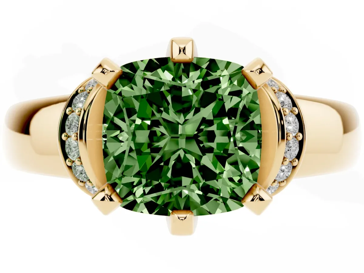 Fancy Green Cushion Cut Solitaire Diamond Ring with Pave Band and Six-Prong Setting Yellow gold