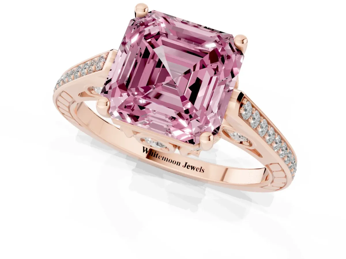 Fancy Pink Asscher Cut Cut Cathedral Pave Diamond Engagement Ring with Six-Prong Setting Rose gold