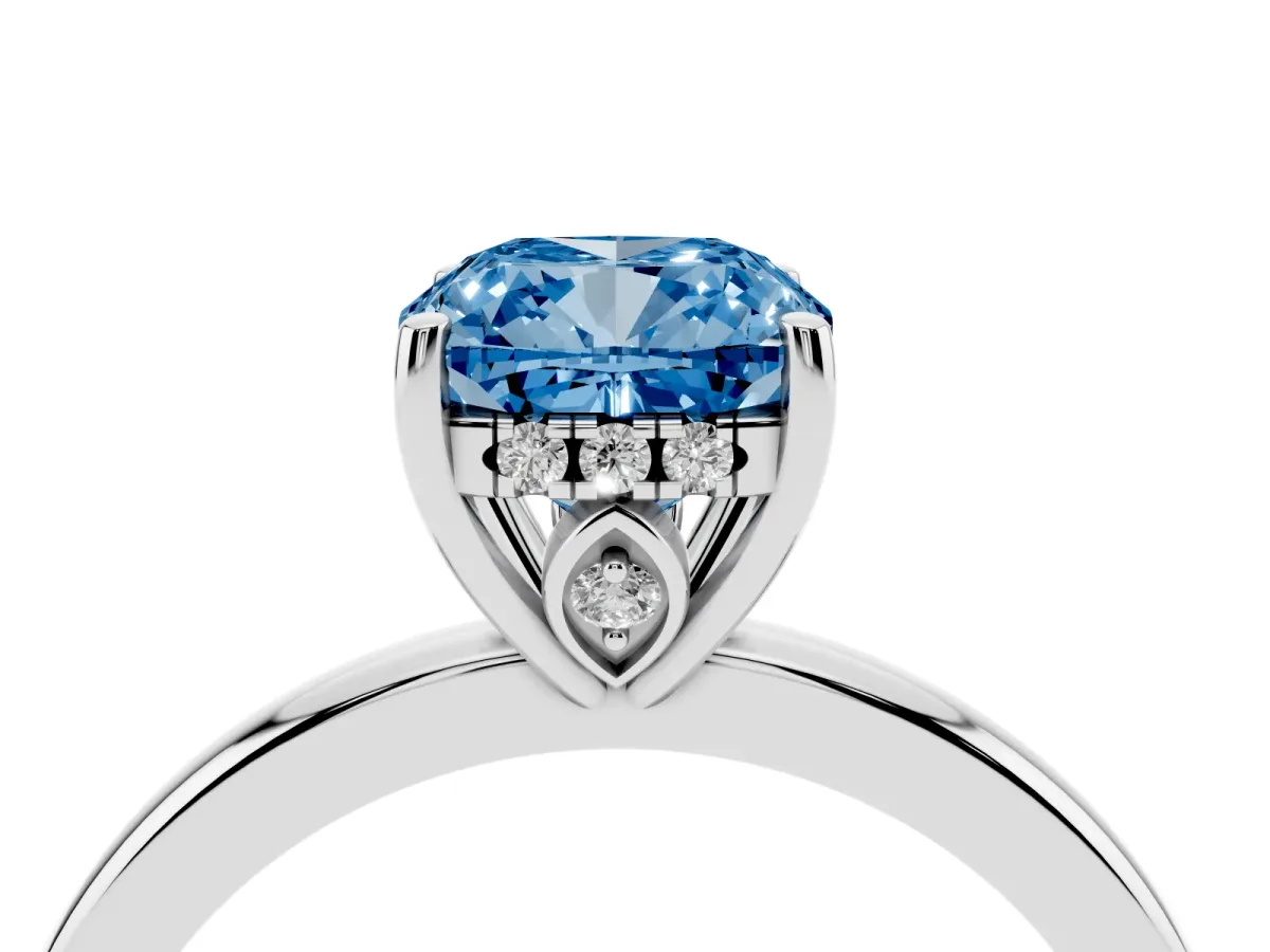 Fancy Blue Cushion Cut Solitaire Diamond Ring with Prong Setting and Plain Band Silver