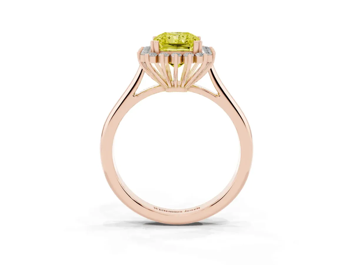 Fancy Yellow Radiant Cut Cut Diamond Halo Ring with Solitaire Band and Prong Setting Rose gold