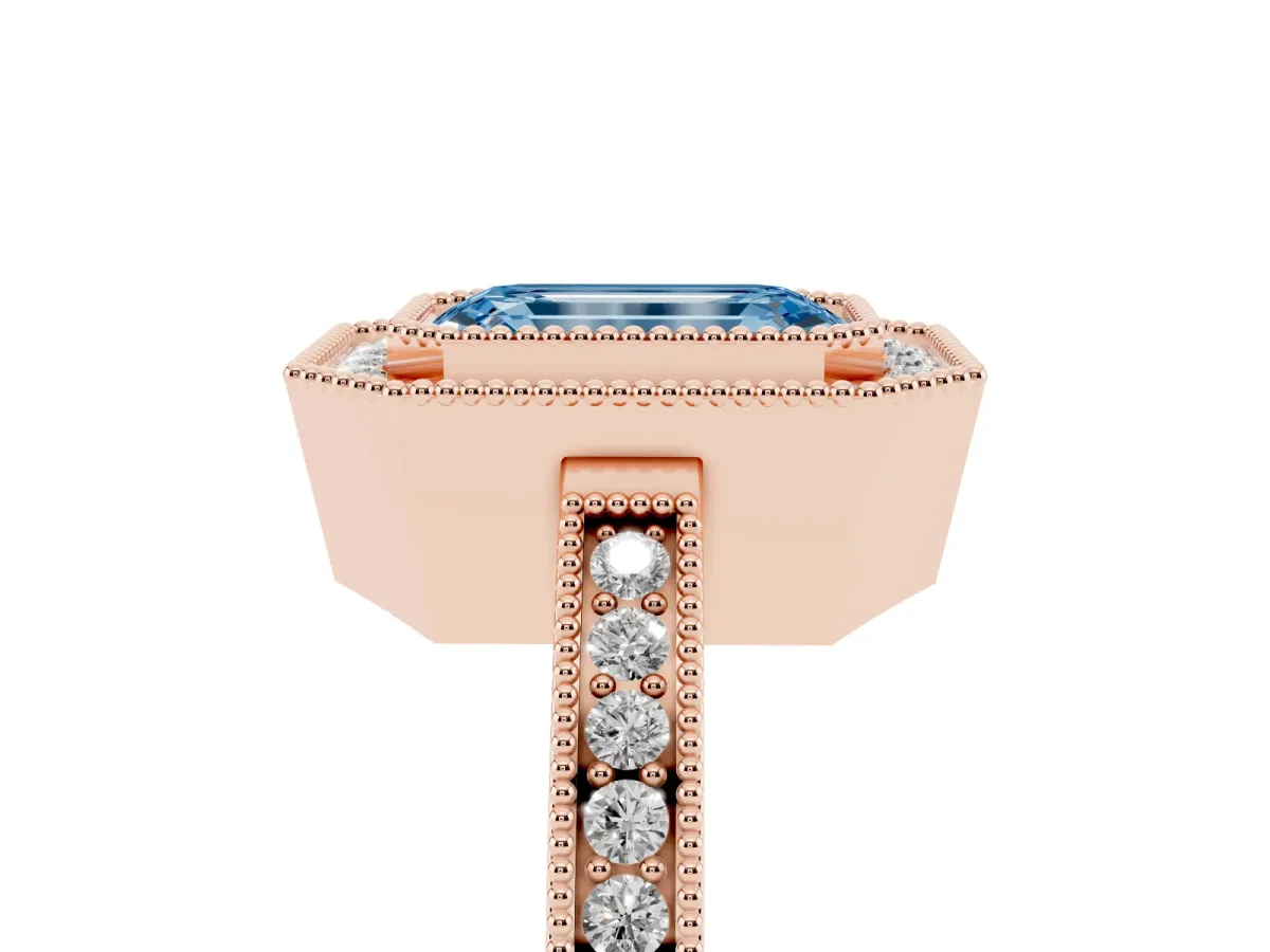 Fancy Blue Emerald Cut Cut Halo Diamond Ring with Pavé Band and Milgrain Prong Setting Rose gold