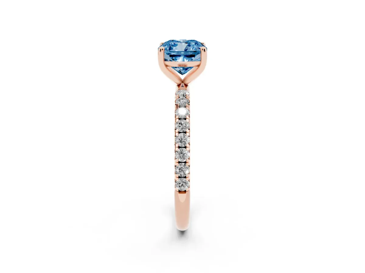 Fancy Blue Cushion Cut Cut Diamond Solitaire Ring with Micro Pave Band and Four Prong Setting Rose gold