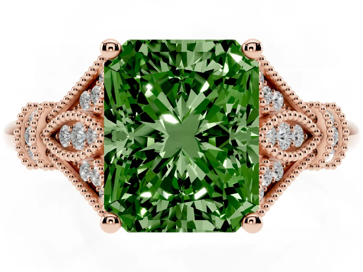 Fancy Green Radiant Cut Diamond Solitaire Ring with Floral Filigree and Pave Accents Rose gold