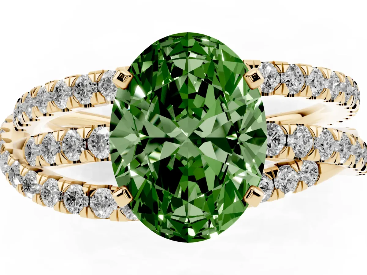 Fancy Green Oval Cut Solitaire Twist Band with Pavé Setting and Four-Prong Setting Yellow gold