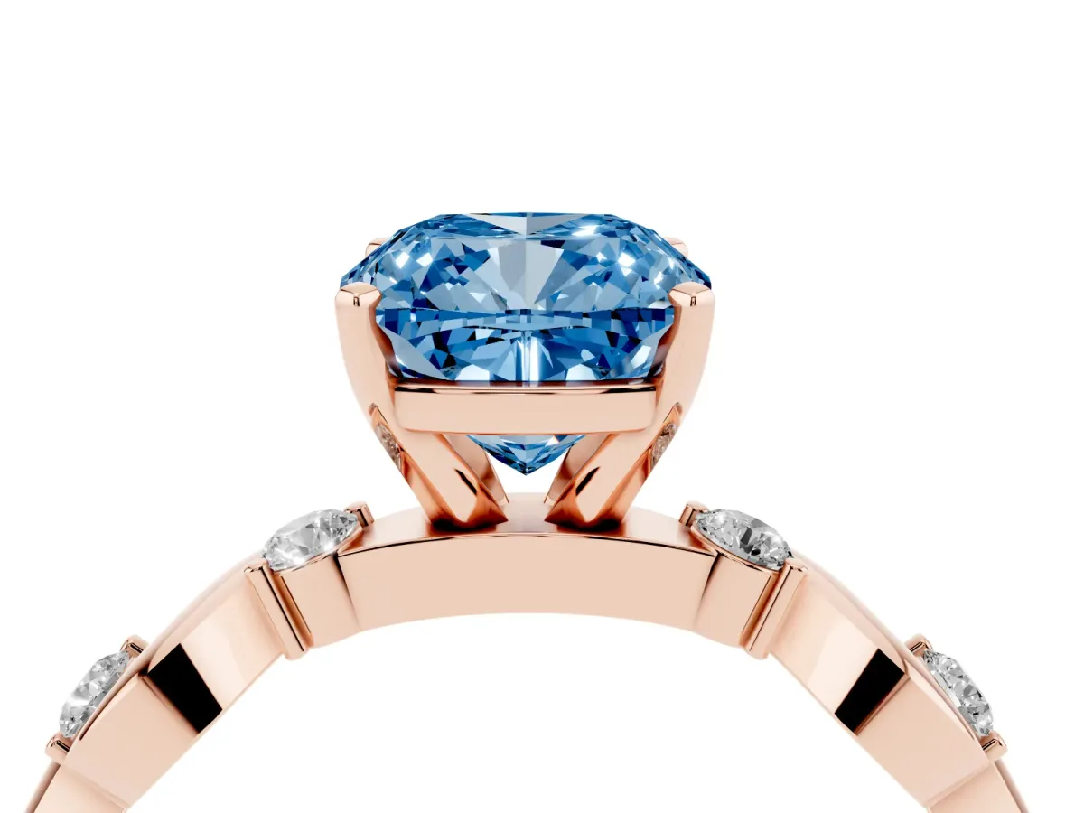 Fancy Blue Cushion Cut Diamond Solitaire Twisted Band with Round Accents and Prong Setting Rose gold
